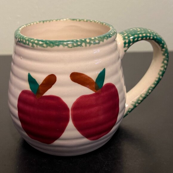 Set of 2 Red Apple w/ Green Spongeware Ribbed Off-White Ceramic Mugs ~ Rustic - Picture 2 of 9